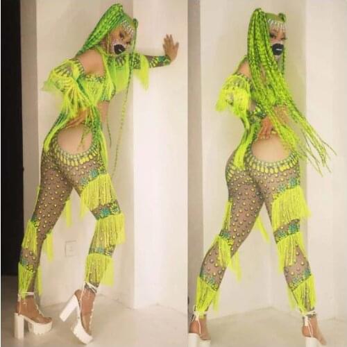 Dj costume Stage show ladybug bodysuit party show women dance green tassel jumpsuit