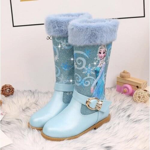 Girls Elsa Leather Boots Shoes For Winter Baby Girls Warm Fur High-heeled Snow Queen Princess Boots