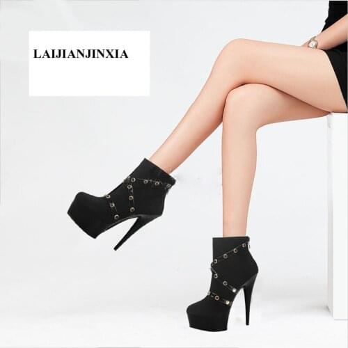 LAIJIANJINXIA New 17cm Super High Heels Pole Dancing Shoes Waterproof Platform Fashion Womens Ankle Boots Suede Rivets Shoes