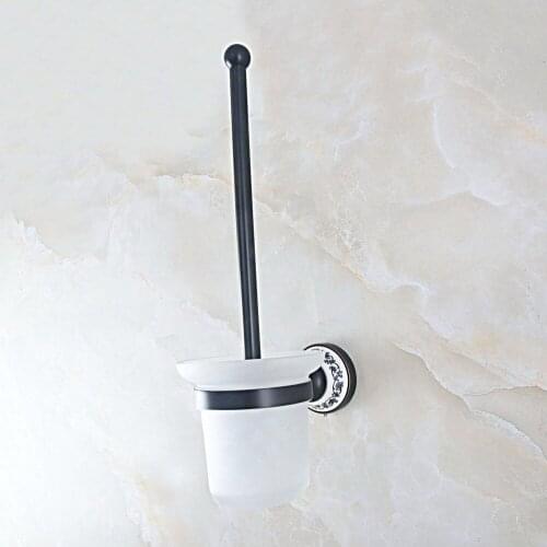 Black Oil Rubbed Brass Wall Mounted Toilet Brush & Holder Set White Brush Glass Cup Bathroom Accessory aba764