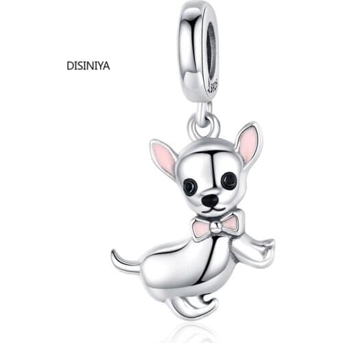 Cute Pet Chihuahua Dog Pendant Charm Silver 925 Original Pink Enamel Ear Fashion Jewelry Gifts Girl Accessories ZSCC281317