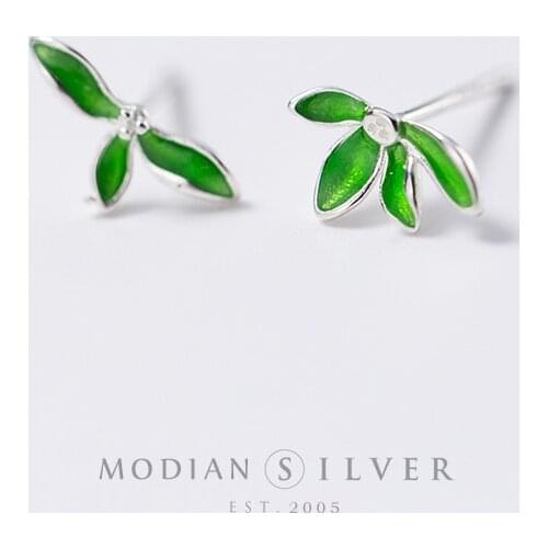 Modian Green Enamel Leaves Stud Earrings for Girls Lady Women 925 Sterling Silver Tree of Life Prevent Allergy Jewelry Brinco