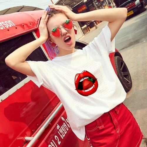 Fashion Red Lip Print T Shirt Women Tee Shirt Camisetas Mujer Women Harajuku Thin Section White Tops Summer o neck Short Sleeve