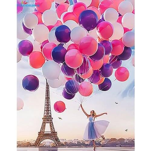 PAINTMAKE Tower DIY Painting By Numbers Girl color balloon Oil hand Painted On Canvas For Home Wall Art Picture gifts