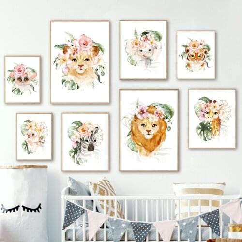 Lion Tiger Giraffe Zebra Elephant Lemur Wall Art Canvas Painting Nordic Posters And Prints Wall Pictures Kids Room Kawaii Decor