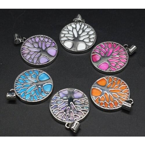 Natural Pendant Shell Round Multi-color Magic Tree Pattern for Charms Jewelry Making Reiki healing Necklace gift