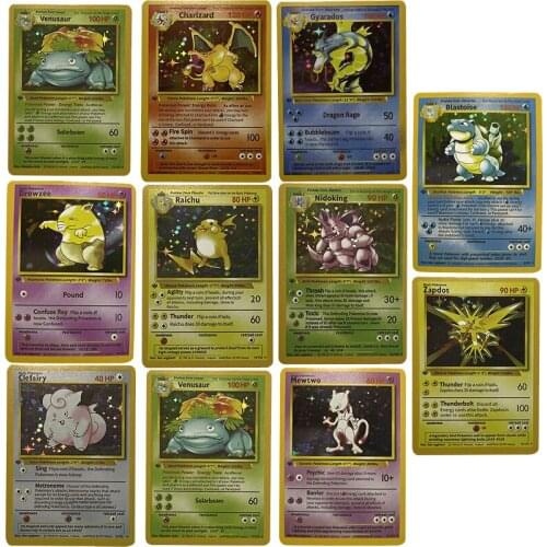 11PCS New Pokemon Original Flash Card 1996 Fire-breathing Dragon Pikachu Anime Toys Card Game Collection Card Children Toy Gifts