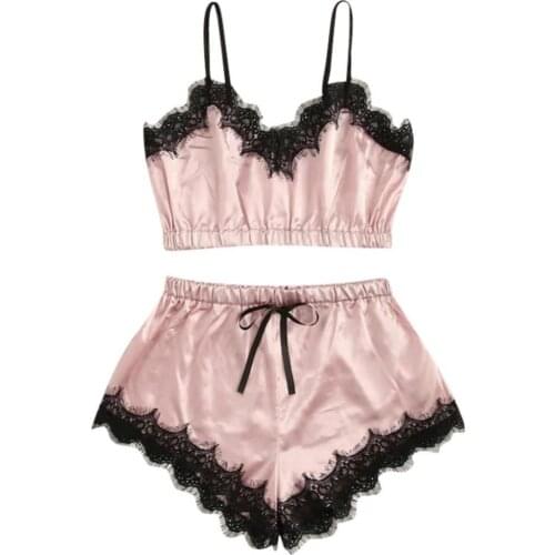 Sexy Women Lace Patchwork Elastic Sleepwear Set Adjustable Straps Bra Shorts Sexy Elastic Sleepwear Set Adjustable Bra Shorts