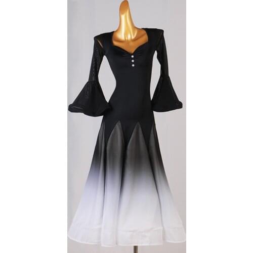 Ballroom Dance Dress Long Sleeves V-Neck Tango Waltz Dress Evening Party Performance Dress Black white Long Dress