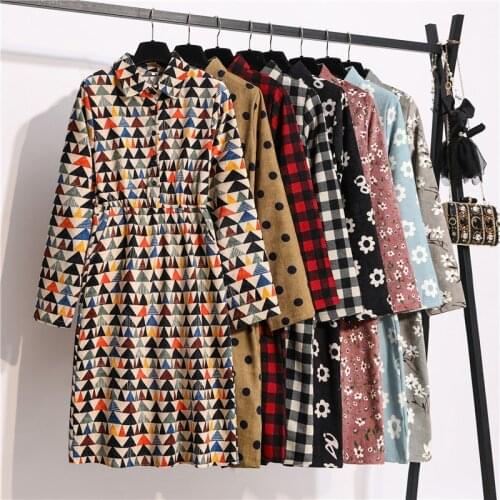 Autumn Spring Floral Plaid Women Dresses Loose Corduroy Ladies Long Dress Turn Down Collar High Waist Female Dress with Buttons