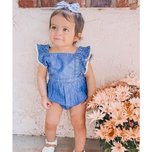 2021 Baby Girls Casual Romper, Dark Blue Square Collar Sleeveless Romper with Lace Hem