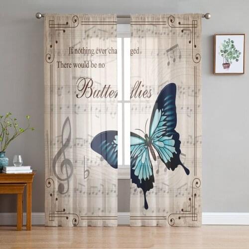 Butterfly Retro Musical Note Sheer Curtains for Living Room Bedroom Kitchen Tulle for Windows Voile Drapes Home Decoration
