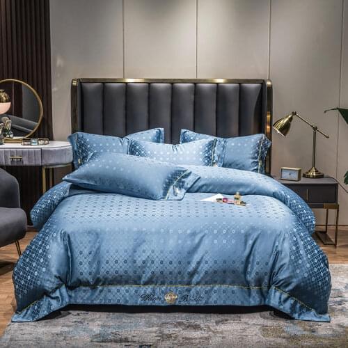 Luxury Royal Satin Smooth Bedding Sets Blue Silver Champagne Bed Linens 150 Queen King Size 220x240 Embroidery Duvet Cover Set
