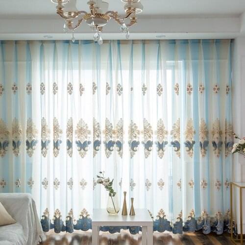 European Style Curtains for Living Room Dining Bedroom Blue Gradient Tulle Embroidered Window Curtains Sheer Curtains