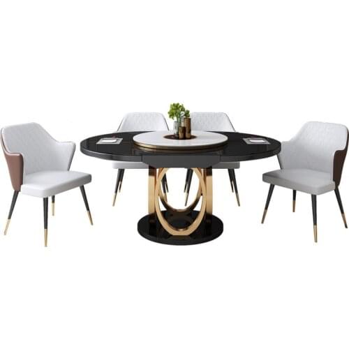 Light luxury dining table and chair combined multifunctional retractable folding circular induction cooker with rotary table