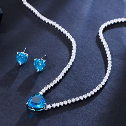 ThreeGraces New Trendy Cubic Zirconia Cute Light Blue Love Heart Stud Earrings and Necklace Party Jewelry Set for Women T0622