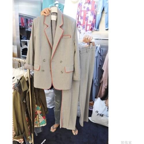 2020 spring new high-quality fashion edging temperament suit mid-length small coat female straight pants suit blazer set