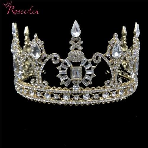 Vintage European Princess Queen Pageant Tiara Crown Big Gold Crystal Diadem Wedding Hair Accessories RE3027