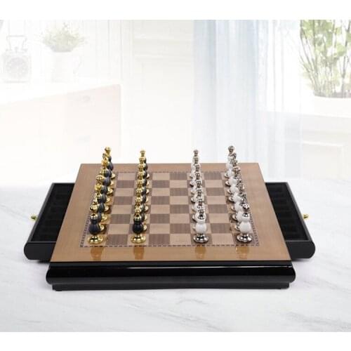 High-end wooden chess board set Creative zinc alloy paint chess pieces living room craft gift decoration