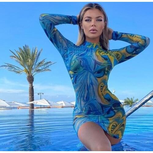 Y2K 2021 Women See-through Mesh Dress Adults Color Block Abstract Print Round Neck Long Sleeve