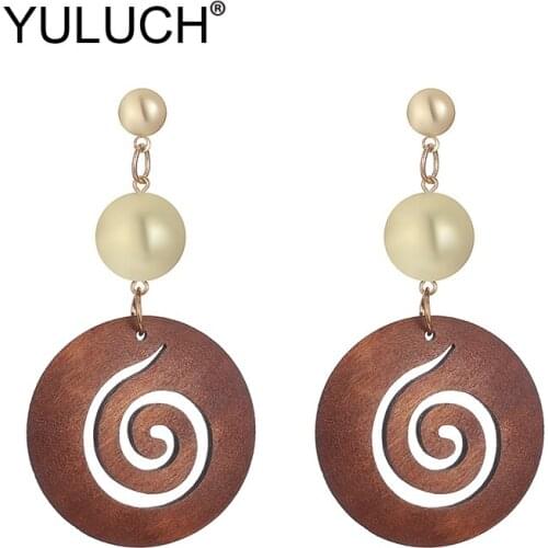 YULUCH 2019 Ethnic African Indian Hollow Natural Wooden Snails Pattern Golden Beads Pompom Pom Stud Earrings For Women Jewelry
