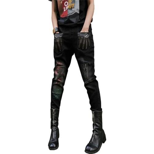 2019 Fashion Spring Autumn Jeans Women Street style Mesh pocket Black Denim Pants Female Elastic waist Casual Harem Pants G578