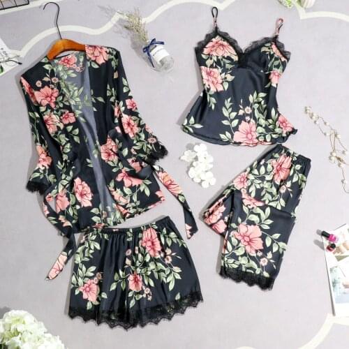 Pink Womens Home Wear Nightwear 4PC Strap Top Pants Suit Pajamas Sleepwear Sets Sexy Spring Kimono Robe Bath Gown Bathrobe M-XXL