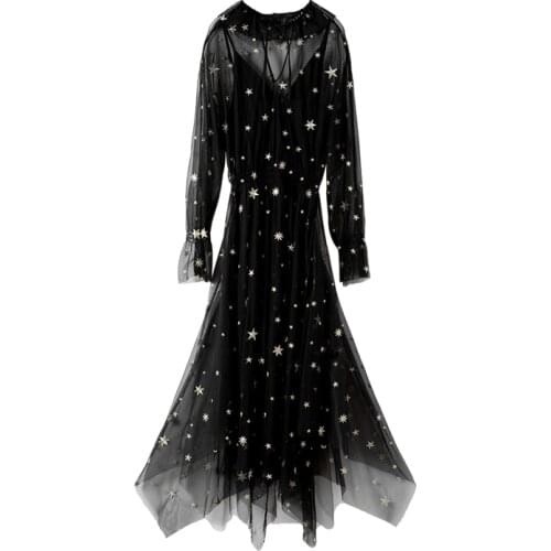 Black dress summer woman 2020 V-neck elegant lace stars party bubble sleeve maxi asymmetric office lady casual embroidery dress