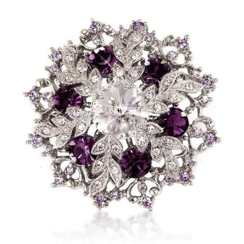 2 Inch Rhodium Silver Tone Purple Rhinestone Crystal Diamante Wreath Brooch Party