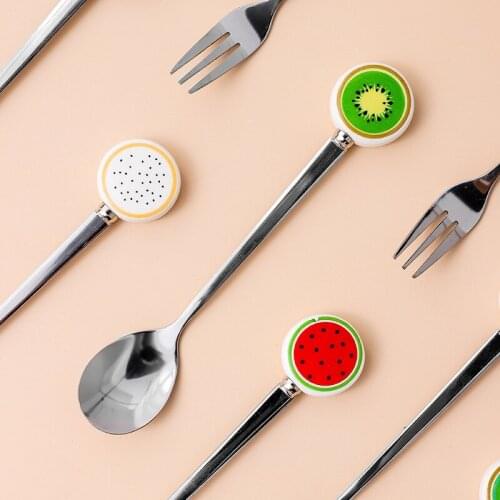3 Pcs stainless steel spoon fruit pattern ceramic handle creative coffee spoon Korean stainless steel fork soup spoon