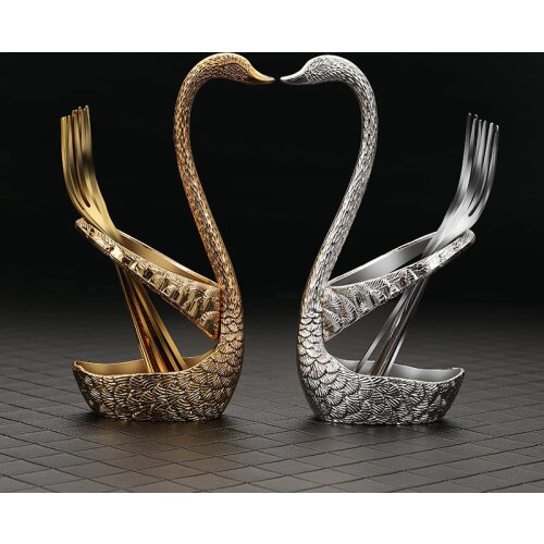 6pcs Stainless Steel Forks with Swan Holder Home Office Shop Cafe Restaurant Desktop Decoration Tableware Cake Dessert Fork Set