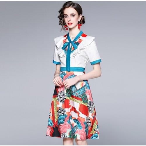 Banulin 2021 Summer Runway Floral Beach Dress Women Bow Neck Ruffles Short Sleeve Vintage Shirt Dress Female Vestido N6A357