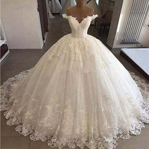 JIERUIZE White Lace Appliques Ball Gown Wedding Dresses Off The Shoulder Lace up Back Luxury Wedding Gowns vestido de noiva