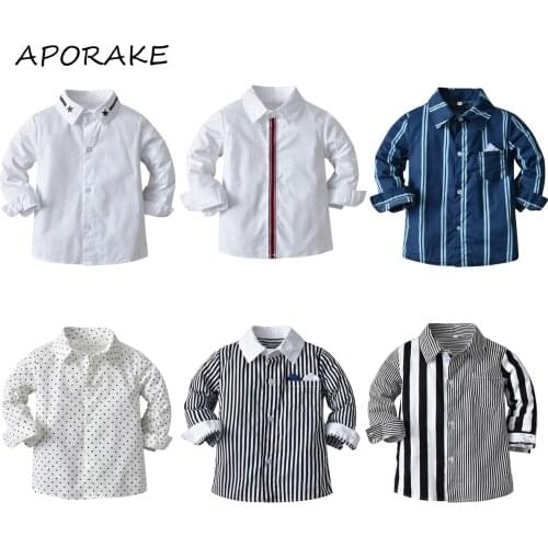 2021 0-7Y Toddler Baby Boy Formal Shirt Solid/Dot/Striped Print Turn-down Collar Long Sleeve Botton Fly Top Autumn Clothes