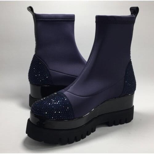 Women Waterproof Platform Boots Autumn Winter Shoes Female Real Patent Leather Diving Fabric Bright Stones