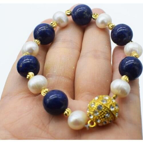 Blue lapis and freshwater pearl round 12mm 9-10mm bracelet 7.5inch FPPJ wholesale beads nature