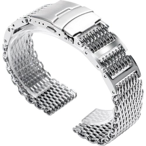 20/22/24mm Silver Stainless Steel Bracelet Shark Mesh Watch Band Wrist Strap Folding Clasp with Safety Men Women HQ Cool Luxury