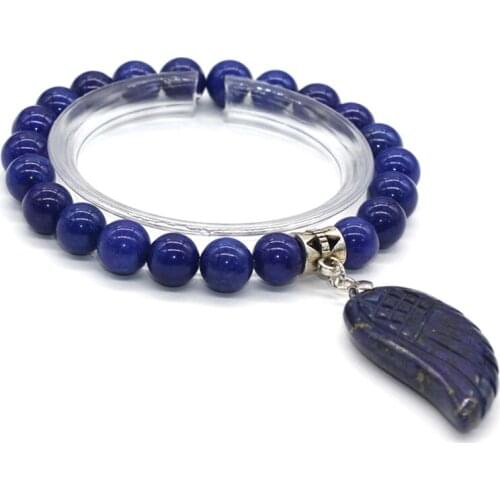 Trendy-beads Classic Style Silver Plated Angel Wing Lapis Lazuli Connect 8 mm Round Beads Stretchy Bracelet