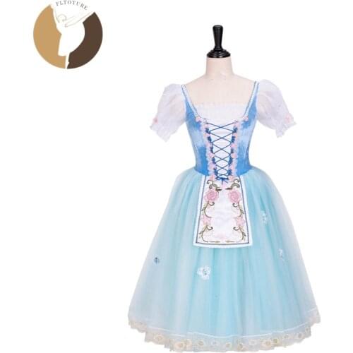 FLTOTURE AT1299 Classical Ballet Long Dress Pink/Sky Blue Soft Skirt Stage Dance Costumes For La Fille Mal Gardee Romantic Tutu
