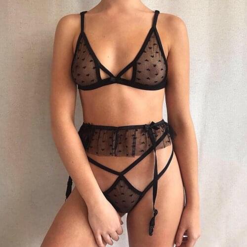 2021 New Erotica Lace Lingerie Sets Women Plus Size Lace Lingerie Bra+Thong+Garter Underwear Set Black Sleepwear Babydoll
