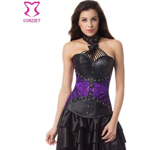 Corzzet Vintage Purple Leather Armor Halter Neck Overbust Steampunk Corsets And Bustiers Waist Slimming Plus Size Gothic Korse