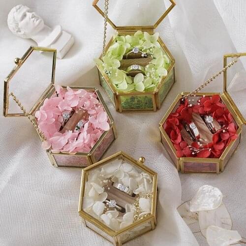 Brass Glass Treasure Box Gold Engagement Ring Bearer Box Personalized Wedding Ring Pillow Rustic Ring Holder Immortal Flower