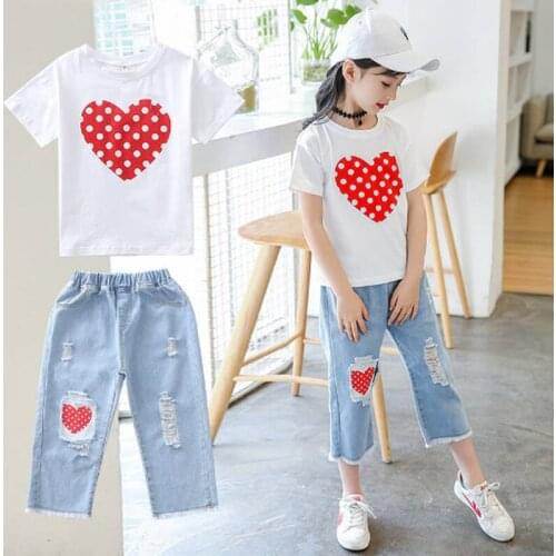 Summer Teen Girls Clothes Sets Short Sleeve T-shirt+Jeans 2pcs Tracksuit Kids Clothing Sports Suit For Children Outfits 3 -12 Y
