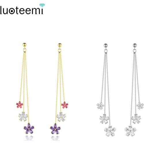 LUOTEEMI Long Wire Drop Earring for Womem Multiple Color Daisy Flowers Long Earrings Cubic Zircon Clear Jewelry Friends Gifts