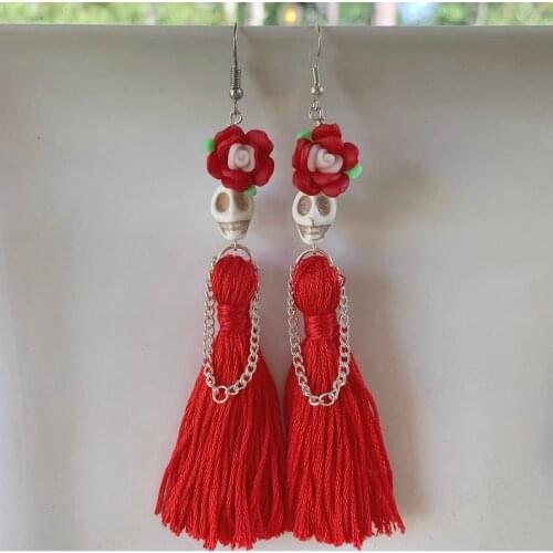 New Arrival White Skulls with Red Tassels Dangle Earrings,gothic Skull ,drop Earrings,Women New Fashion,day of The Dead Jewelry