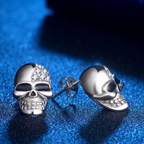New Small Punk Rock Gothic Skull Head Stud Earrings sterling silver Skeleton Crystal Earrings for Women Men Girls Jewelry