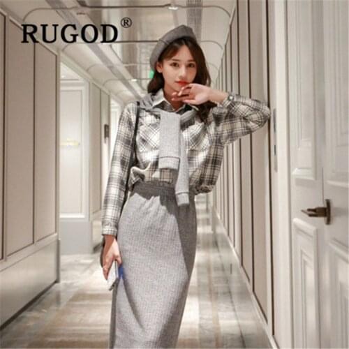 RUGOD 2019 New Women Fashion Set Plaid Shirt and Knitted Elastic Skirt and Letter Shawl Temperament Chic Streetwear Sweet Suit
