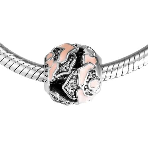 Fits For Pandora Charms Bracelets Rose Beads 100% 925 Sterling Silver Jewelry with Soft Pink Enamel Free Shipping
