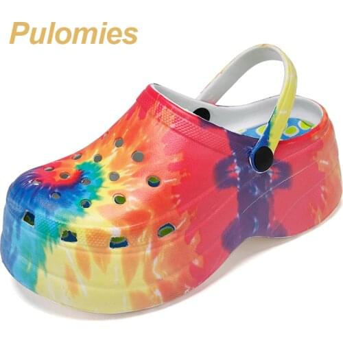 Summer Women Clogs Quick Dry Rainbow Tie Dye Thick Wedges Garden Shoes Beach Sandals Multicolor Slippers Flip Flops For Women