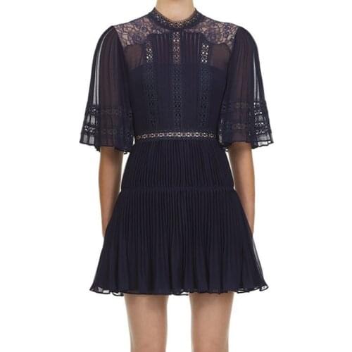 SMTHMA 2021 New Arrival Fashion Dark Blue Summer Short Dress Women Hollow Out Lace Patchwork Chiffon Pleated Dresses Vestidos